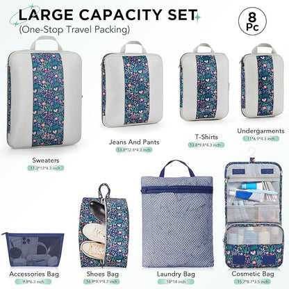 OlarHike 8 Set Compression Packing Cubes for Travel Essentials,Compressible Expandable Space Saver Bags for Organizing Clothes,Luggage Garment Bags with Over 1000 pcs Mesh Holes(Dark Blue Floral)