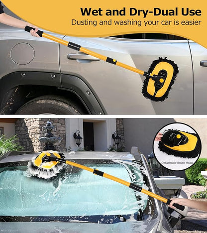 anngrowy 47.64" Car Wash Brush Mop Kit Mitt Sponge with Long Handle Car Cleaning Supplies Kit Tools Car Washing Duster Exterior Scratch Free, Chenille Replacement Head Extension Pole