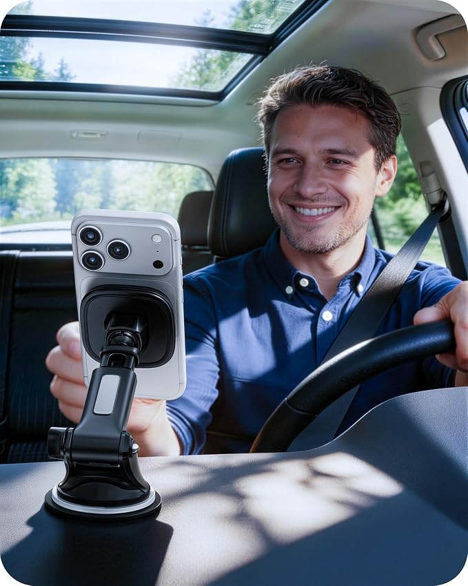 APPS2Car for MagSafe Car Mount, Dashboard & Windshield Suction Cup Holder with Telescopic Arm, Magnetic Phone Holder for Your Car, Designed for iPhone MagSafe Case (Black-Magsafe)
