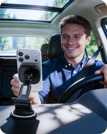 APPS2Car for MagSafe Car Mount, Dashboard & Windshield Suction Cup Holder with Telescopic Arm, Magnetic Phone Holder for Your Car, Designed for iPhone MagSafe Case (Black-Magsafe)