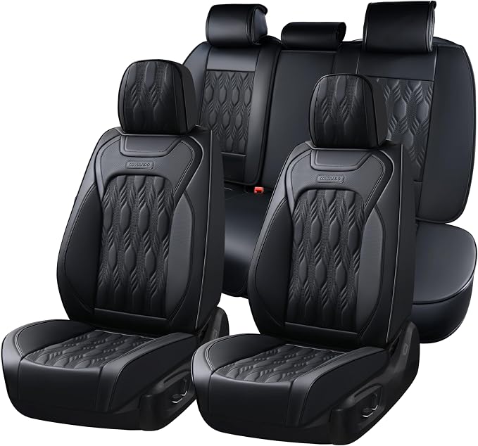 Coverado Car Seat Cover, Black Luxury Seat Cover for Cars, Premium Nappa Leather Seat Covers Full Set with Embossed Pattern, Waterproof Car Seat Protector Car Seat Cushions Universal Fit Most Vehicle