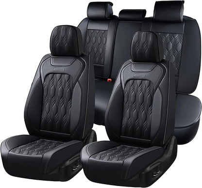 Coverado Car Seat Cover, Black Luxury Seat Cover for Cars, Premium Nappa Leather Seat Covers Full Set with Embossed Pattern, Waterproof Car Seat Protector Car Seat Cushions Universal Fit Most Vehicle