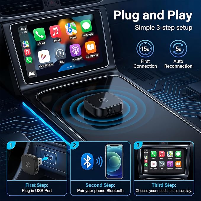 2-in-1 Wireless CarPlay Adapter for Apple iPhone & Android, Plug & Play USB CarPlay Dongle Converts Wired to Car Play Wireless Adapter with Type-C Extension Suitable for 800+ Vehicles