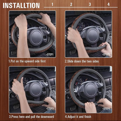 CAR PASS Wood Grain Microfiber Leather Steering Wheel Cover, Universal Fit for 14 1/2-15 inch Gray Steering Wheel, Anti-Slip Veins Design,Cars, Suvs,Minivans, Sedans (Gray)