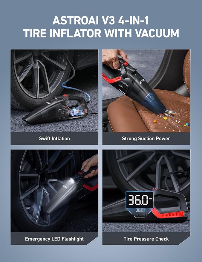 AstroAI 4-in-1 V3 12V DC High Power Handheld Car Vacuum Cleaner for Car,Home,Pet Hair Cleaning, 150 PSI 16.4FT Cord Digital Pressure Gauge & LED Light Portable Tire Inflator for Cars,Bikes,SUVs,Balls