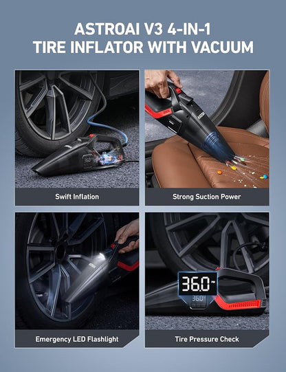 AstroAI 4-in-1 V3 12V DC High Power Handheld Car Vacuum Cleaner for Car,Home,Pet Hair Cleaning, 150 PSI 16.4FT Cord Digital Pressure Gauge & LED Light Portable Tire Inflator for Cars,Bikes,SUVs,Balls