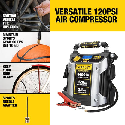 Stanley J7C09D 1400 Peak Amp Automotive Jump Starter, Portable Power – Triple 15W USB Ports, 120 PSI Air Compressor for Tires & Sports Equipment