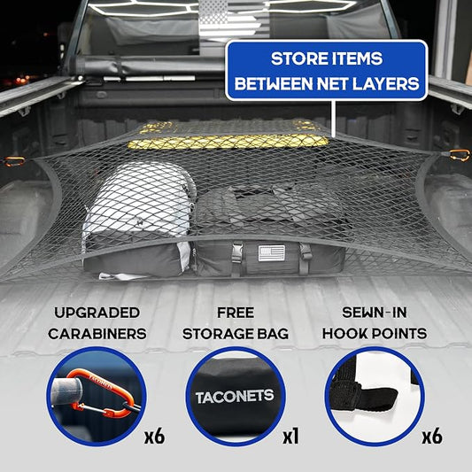TacoNets Upgraded Highly Elastic Cargo Net, USA Company, Simple Truck Bed Cargo Mesh Organizer, Suitable for Light Loads, Heavy Duty Carabiners, 4'x4' Double Layer