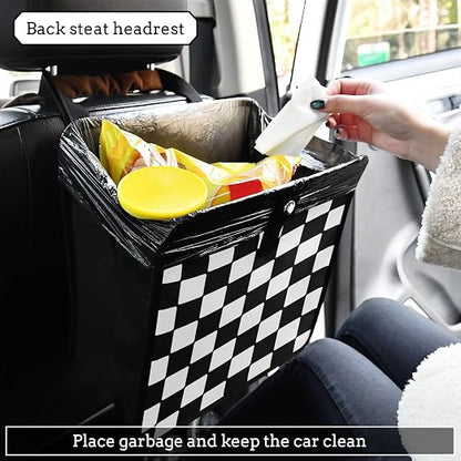 Car Trash Can Car Organizer Car Garbage Can with Adjustable Strap for Back Front Seat Console Waterproof Leakproof Collapsible Portable 11 Inch Checkerboard