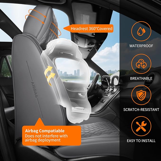 Gray Leather Car Seat Covers Full Set,High-Density Contoured Nappa Leather Universal Precision Fit Seat Cover Solutions,Waterproof Automotive Seat Covers & Accessories,Style1 Gray