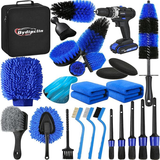 Qydipclin 24Pcs Car Detailing Kit, Car Detailing Brush Set, Car Wash Cleaning Kit, Car Detailing Brushes, Professional Car Care Kit for Interior Exterior Wheels, Blue