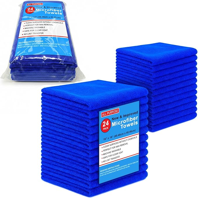 Microfiber Cleaning Towels, Pack of 24, Ultra Soft Plush Washcloth, All Purpose Premium Microfiber Detailing Cleaning Cloths Reusable Shop Towels (16" x 16", Royal Blue)