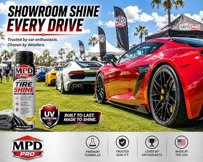 MPD PRO High Gloss Tire Shine Spray – Wet Look Finish, Fast Drying No Sling Formula, Long Lasting Tire & Trim Protection, Professional Automotive Detailing, 15 oz Aerosol