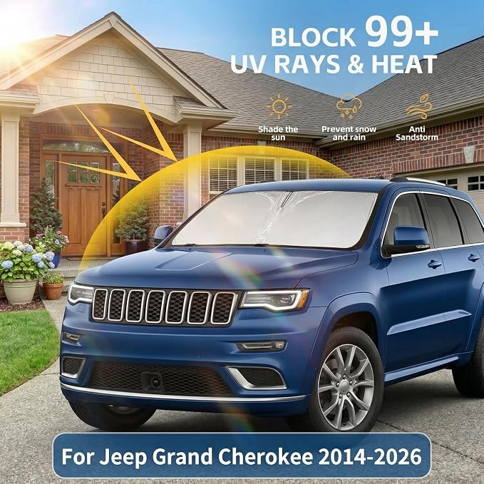 for 2014-2024 2025 2026 Jeep Grand Cherokee Windshield Sun Shade - Front Window Shade Custom Fit Grand Cherokee Accessories Sun Visor Foldable Shade Blocks UV Rays