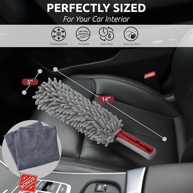 Car Duster Interior by TAKAVU, 360° Microfiber Fingers, Unbreakable Comfort Handle, Lint and Scratch Free, Include Microfiber Towel, for Car & Home Use, The Best Auto Accessories Gray