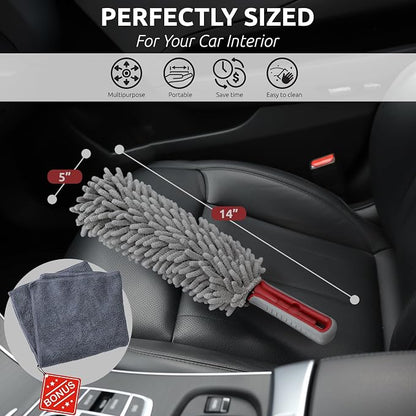 Car Duster Interior by TAKAVU, 360° Microfiber Fingers, Unbreakable Comfort Handle, Lint and Scratch Free, Include Microfiber Towel, for Car & Home Use, The Best Auto Accessories Gray