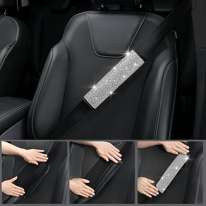 CAR PASS 11 PCS Bling Diamond Car Accessories for Women, Sparkly Rhinestone Steering Wheel Cover, Bling Seat Belt Cushion, Glitter Shift Knob Cover, Car Cup Holder Coaster, Cute Interior Sets Silver