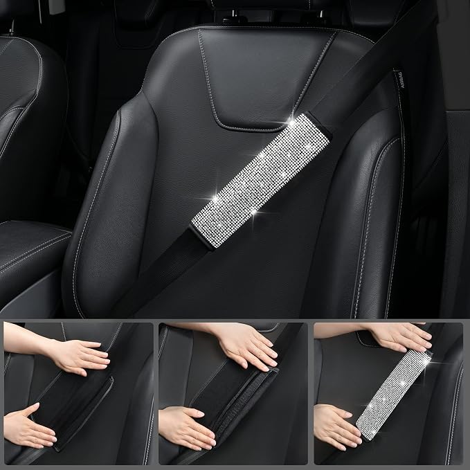 CAR PASS 11 PCS Bling Diamond Car Mats Set for Women Girls, Sparkly Rhinestone Steering Wheel Cover, Waterproof Floor Mats Universal Fit for SUV,Vans,Sedans,Trucks Anti-Slip, Interior Sets Silver