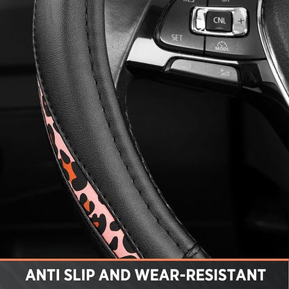 Road Comforts Steering Wheel Cover - Flat Bottom Wheel Cover Made with PVC Leather and Pink Leopard Fabric - Universal Fit for 15-Inch D-Shaped Automotive Steering Wheels (Pink Leopard)