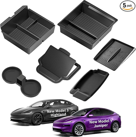 8PCS Center Console Organizer for Tesla Model Y Juniper Accessories 2026 2025 & for Tesla Model 3 Accessories 2024-2026 [Slide Smoothly & US Patent] Charging Pad Sunglasses Cup Holder Black