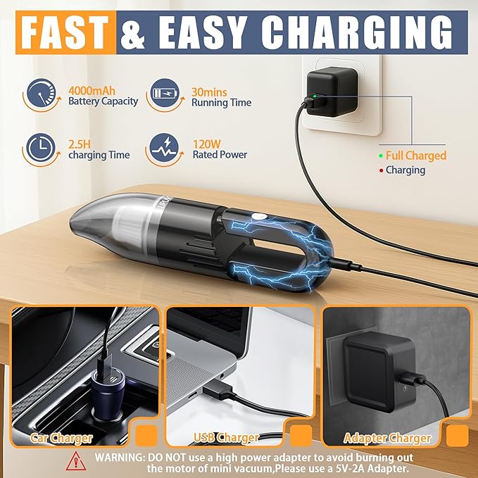 Handheld Car Vacuum Portable Cordless, Dust Buster Rechargeable High Power Suction, Mini Hand Held Vacuum Cleaner with Washable HEPA Filter, Multi-Nozzles, Lightweight Hand Vacuum for Car Home Office