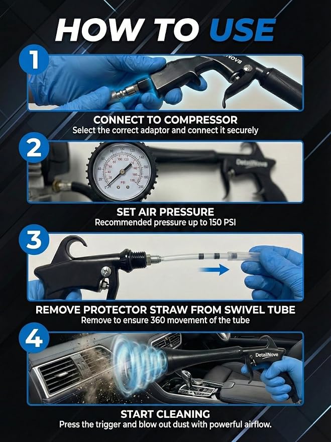 Air Blow Gun for Car Detailing - Durable Tornado Air Gun with Brush Nozzle, Storage Bag, 3 Compressor Adaptors & Microfiber Towel - Requires Compressor, Easy to Set Up