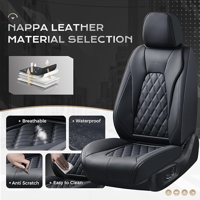 Coverado Car Seat Covers Front Seats, 2-Pack Black Seat Covers for Cars, Waterproof Nappa Leather Car Seat Covers for Cars, Car Seat Protector Car Seat Cushion Universal Fit for Most Cars Truck SUV