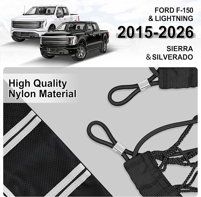 Amiss Truck Bed Cargo Net with Side Organizer, Compatible with Ford F-150 & Lightning 2015-2026, Portable Storage for Pickup Cargo and Heavy Duty Hook, Exterior Accessories for Car SUV Truck