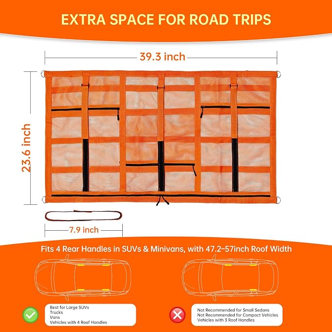 Extra Large Car Ceiling Cargo Net 39.3" x 23.6" for SUV,Truck & Van,Double Layer Roof Storage Organizer with Adhesive Straps,Overhead Mesh Holder for 4 Handle Vehicles,Camping Travel,Orange