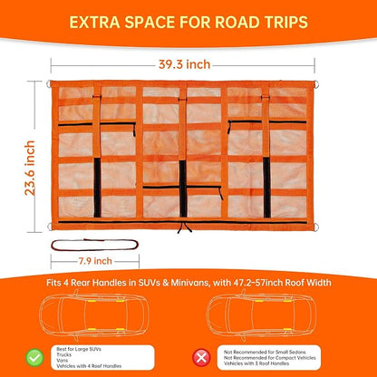 Extra Large Car Ceiling Cargo Net 39.3" x 23.6" for SUV,Truck & Van,Double Layer Roof Storage Organizer with Adhesive Straps,Overhead Mesh Holder for 4 Handle Vehicles,Camping Travel,Orange