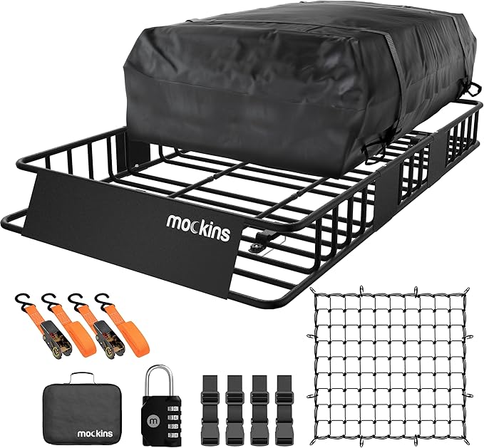 Mockins 64"x39"x6" Extendable Heavy Duty Roof Rack Basket & 16 Cu Ft Waterproof Cargo Bag for Top of Car | 250 Lbs Capacity Steel Rooftop Cargo Carrier for Top of Vehicle with Roof Basket Accessories