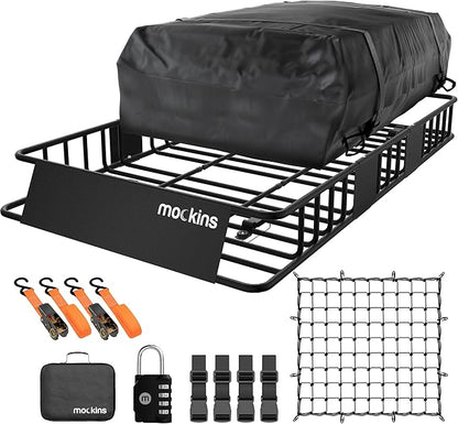 Mockins 64"x39"x6" Extendable Heavy Duty Roof Rack Basket & 16 Cu Ft Waterproof Cargo Bag for Top of Car | 250 Lbs Capacity Steel Rooftop Cargo Carrier for Top of Vehicle with Roof Basket Accessories