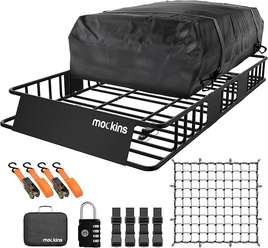 Mockins 64"x39"x6" Extendable Heavy Duty Roof Rack Basket & 16 Cu Ft Waterproof Cargo Bag for Top of Car | 250 Lbs Capacity Steel Rooftop Cargo Carrier for Top of Vehicle with Roof Basket Accessories