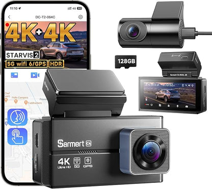 Dash Cam Front and Rear - Sarmert C4 Dual 4K Built-in GPS and 5G WiFi, Free 128GB Card Included, HDR Night Vision, WDR, 4K UHD Dash Camera for Cars, App, 24H Parking Mode