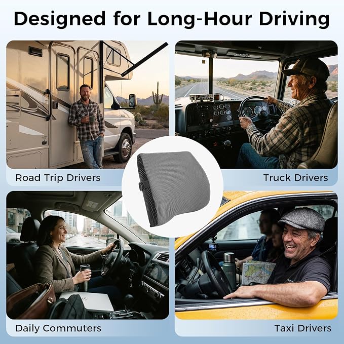 Lumbar Support Pillow for Car & Office Chair - High-Density Memory Foam Back Cushion for Sciatica & Lower Back Pain Relief - Non-Slip Support for Long Commutes & Desk Workers (Dark Gray)