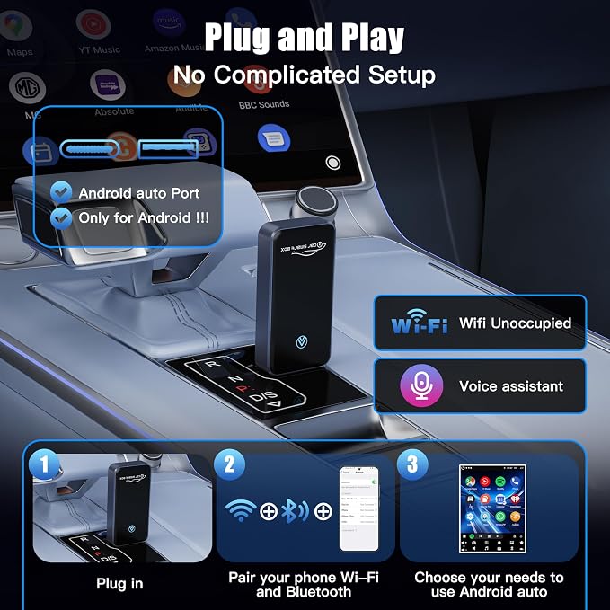 Wireless Android Auto Adapter, Plug & Play Dongle for Android11+ Phones, Wired to Wireless Conversion for Android Auto Cars, USB & Type-C Dual Port