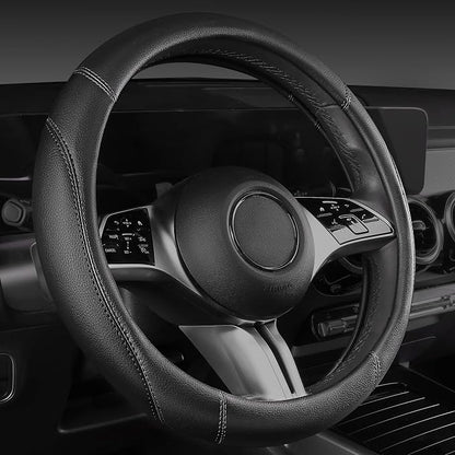 CAR PASS Microfiber Leather Steering Wheel Cover and Waterproof Car Floor Mats,Universal Car Combo Fit for 95% Sedan,SUV,Cars,14.5-15inch Anti-Slip Safety Comfortable Faux Leather Design(Solid Black)