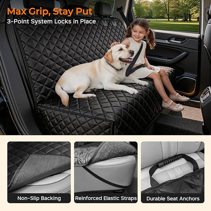 URPOWER Dog Car Seat Cover for Back Seat - Waterproof Non-Slip Car Seat Protector for Dogs Pet, Scratchproof Back Bench Seat Covers for Full-Size SUVs & Pickup Trucks, Black