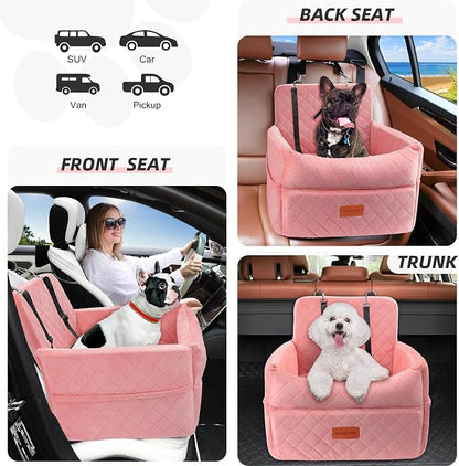 HEGGCOOE Dog Car Seat for Small Medium Dogs, Memory Foam Puppy Dog Booster Seat with Thick Cushion for Dogs Under 35lbs, Detachable Washable Pet Car Seat Travel Bed with Storage Pockets,2 Safety Belts