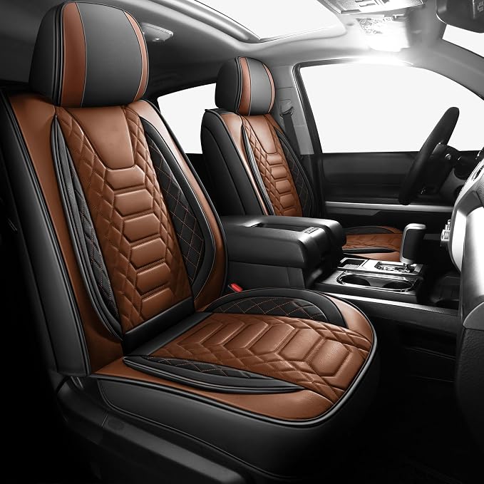 FREESOO Tundra Seat Covers 2014-2021 Full Set, Fit for Toyota Tundra Crewmax Cab, Custom Truck Seat Covers with Waterproof Faux Leather BlackBrown