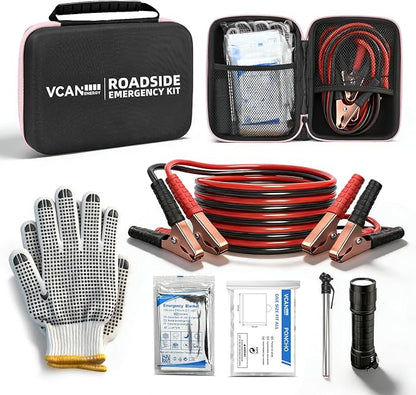 Car Emergency Safety Kit Bag with Jumper Cables, Tire Pressure Gauge, Auto Vehicle Safety Road Side Assistance Kits Essentials,for Women, Men, Teen (Pink)
