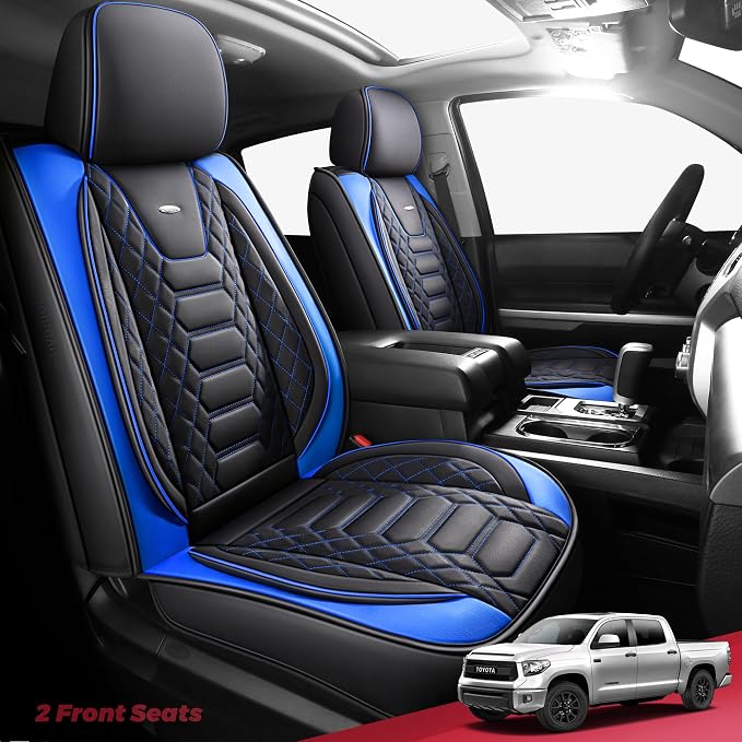 FREESOO Tundra Seat Covers 2 Front Set, Fit for Toyota Tundra 2007-2021 Crewmax Cab, Custom Truck Seat Covers with Waterproof Faux Leather BlackBlue