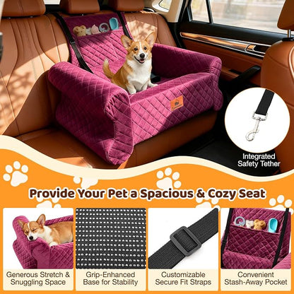 Dog Car Seat for Medium/Large Dogs up to 60 lbs, Memory Foam Dog Booster Seat with Thick Cushion, Pet Car Seat for Back with Detachable Washable Cover, Storage Pockets for SUV, Pick Up, Trunk, Red