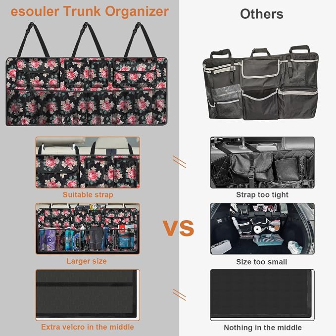 Car Trunk Organizer, Super Capacity Backseat Car Organizer for SUV/Truck/MPV(42"*18"), Hanging Car Storage Organizer with 8 Pocekts, Car Accessories for Women and Men- Floral