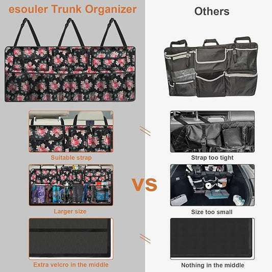 Car Trunk Organizer, Super Capacity Backseat Car Organizer for SUV/Truck/MPV(42"*18"), Hanging Car Storage Organizer with 8 Pocekts, Car Accessories for Women and Men- Floral