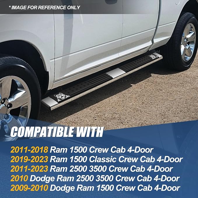 Auto Dynasty Running Boards Compatible with 2009-2023 Dodge Ram 1500 2500 3500 Classic Crew Cab 4-Door, 6.75" Bull Dog Pattern Slip-Resistant Step Pads, Stainless Steel Side Step Nerf Bars