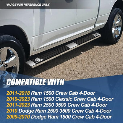 Auto Dynasty Running Boards Compatible with 2009-2023 Dodge Ram 1500 2500 3500 Classic Crew Cab 4-Door, 6.75" Bull Dog Pattern Slip-Resistant Step Pads, Stainless Steel Side Step Nerf Bars