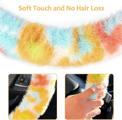 Accmor Fuzzy Car Steering Wheel Cover, Universal Fluffy Auto Wheel Cover & Handbrake Cover & Gear Shift Cover Set, Soft Warm Steering Wheel Protector Car Accessories for Men Women Girls, Colorful