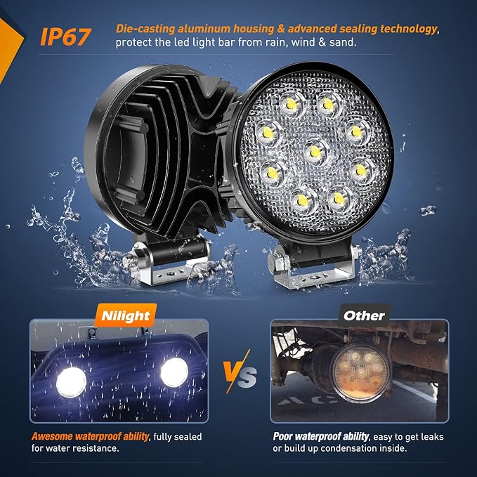 Nilight - NI16E-27W Led Light Bar 2PCS 4.5" 27w 3000LM Round Spot Light Pod Off Road Fog Driving Roof Bar Bumper for Jeep,SUV Truck , Hunters, 2 years Warranty