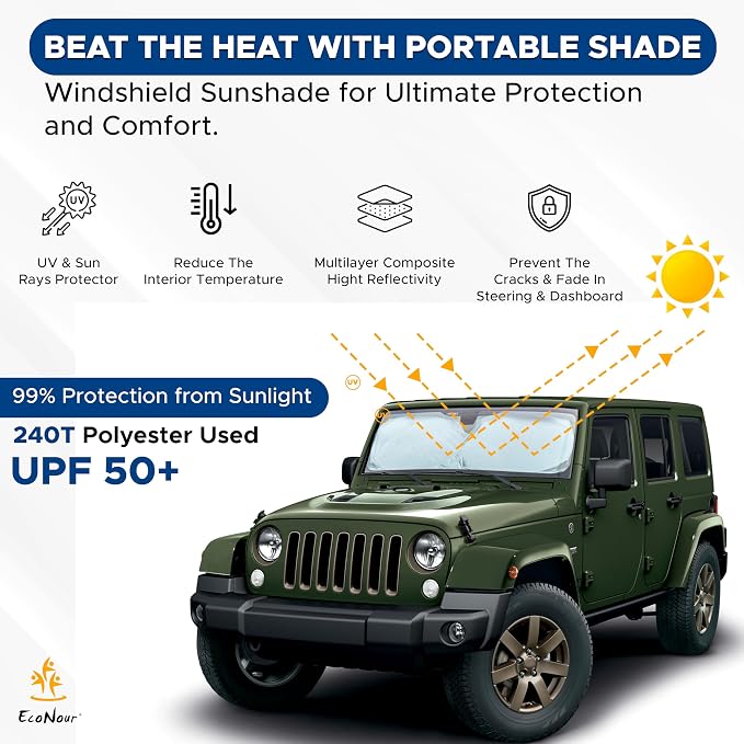 Econour Jeep Windshield Sun Shade for Jeep Wrangler JK JL JLU 4xe and Gladiator JT, Foldable Front Window Sunshade, UV Rays and Heat Shield Sun Visor
